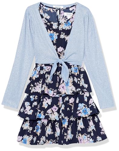 Speechless Girls' Sleeveless Tiered Dress and Tie Front Cardigan, Navy/Lavender, 7