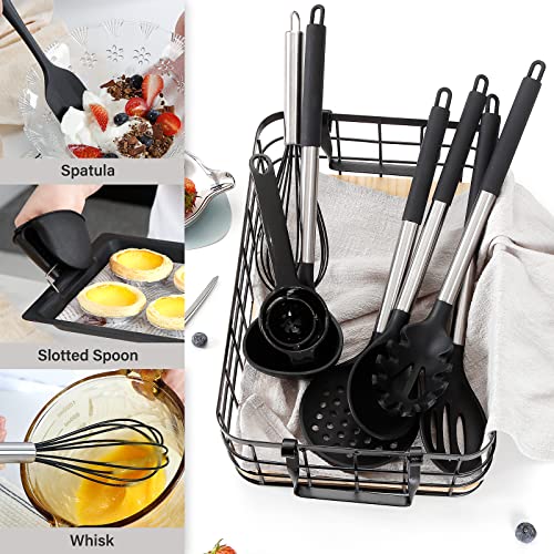 NCUE Kitchen Utensils Set, 28 Pcs Silicone Cooking Utensils Set with Holder, Spatula Set, Silicone Whisk, Scissors, Measuring Cups and Spoons Set with Stainless Steel Handle Kitchen Gadgets (Black)