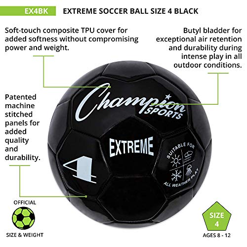 Champion Sports Extreme Series Soccer Ball, Regulation Size 5 - Collegiate, Professional, and League Standard Kick Balls - All Weather, Soft Touch, Maximum Air Retention - For Adults, Teenagers, Black