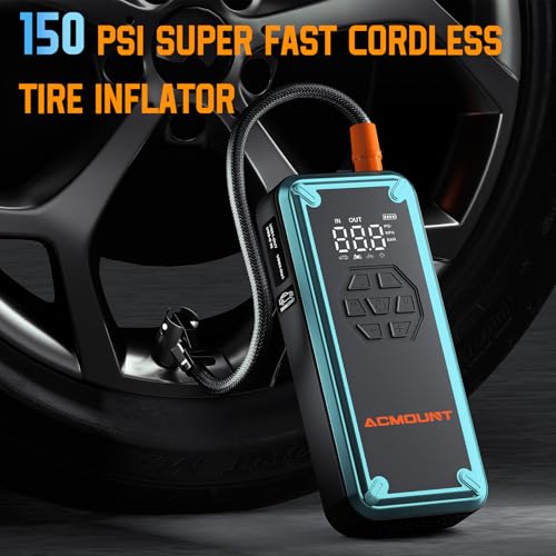 Jump Starter with Air Compressor, Acmount 3000A Car Battery Jump Starter with 150PSI Tire Inflator for Up to 9.0 Gas/8.0L Diesel, 12V Portable Jump Starter Box with LCD Display, Light (Blue)