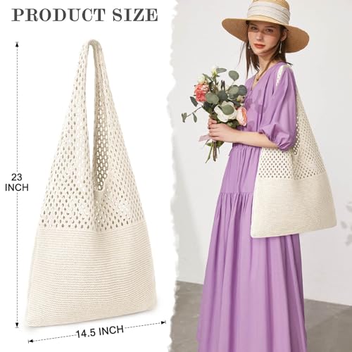 KPX Crochet Tote Bag, Beach Mesh Knitted Bag Large Aesthetic Shoulder Bag Handbags Hollow Hobo Bag for Women Summer (Style D, Beige)