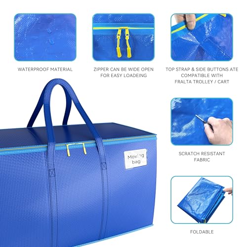 4-Pack Packing Bags for Moving with Handles - Extra Large Storage Bags Heavy Duty, Moving Boxes & Bins Alternative, Blue College Moving Totes for Clothes