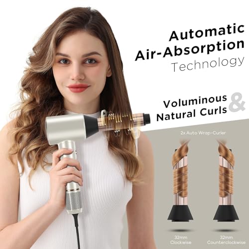 PARWIN PRO BEAUTY Air-Sonic Hair Dryer with Diffuser, HD-LED Display & 110, 000 RPM High Speed Ionic Blow Dryer, 1 1/4 Inch Left & Right Air Auto-Wrap Curlers, Champagne Silver Professional Version