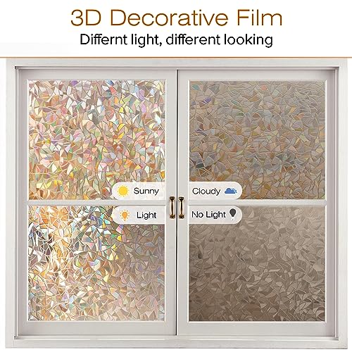 rabbitgoo Window Privacy Film, Rainbow Static Cling Decorative Stained Glass Window Film, Heat Control Window Tinting Film for Home, Grayish Silver, 35.4 x 157.4 inches