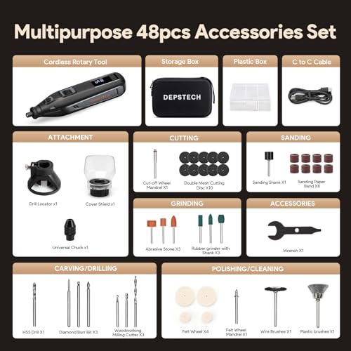 DEPSTECH 12V Cordless Rotary Tool with Display Screen, 5000-35000RPM, 2.5Ah Battery 18W Fast Charging, Power Multi Tool Kit with Featured 48Pcs Accessories, EVA Bag, for DIY Projects/Home Repair/Craft