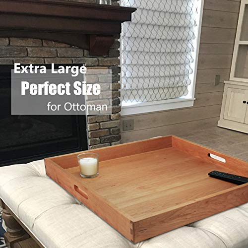 MAGIGO 24 x 24 Inches Large Square Cherry Wood Ottoman Tray with Handles, Serve Tea, Coffee or Breakfast in Bed, Classic Wooden Decorative Tray