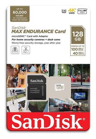 SANDISK 128GB MAX Endurance microSDXC Card with Adapter for Home Security Cameras and Dash cams - C10, U3, V30, 4K UHD, Micro SD Card - SDSQQVR-128G-GN6IA