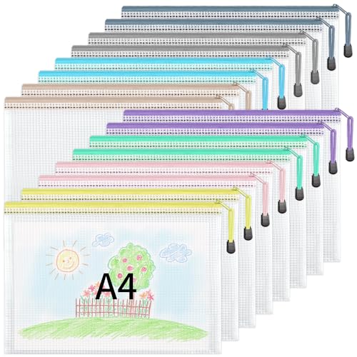 JARLINK 16pcs Mesh Zipper Pouches, A4/Letter Size Waterproof Zipper Bags, 8 Colors, Multipurpose Plastic Document Pouch for School Supplies, Office Supplies, Travel Storage, Puzzles Organize