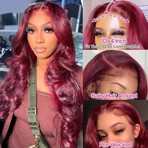 Bestdilin 13x4 99j Burgundy Lace Front Wigs Human Hair 220% Density Body Wave Lace Frontal Wig Pre Plucked with Baby Hair 20 Inch HD Transparent Lace Wine Red Colored Glueless Wigs for Women