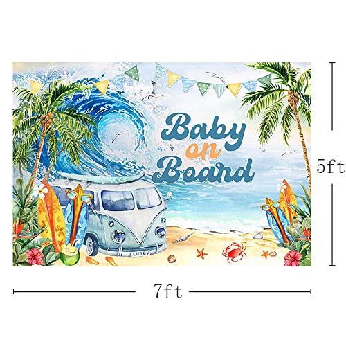 MEHOFOND 7x5ft Soft Fabric Summer Baby on Board Baby Shower Backdrop Summer Beach Oh Baby Baby Shower Party Decorations Tropical Sea Wave Surfboard Background Seaside Newborn Birthday Photo Props