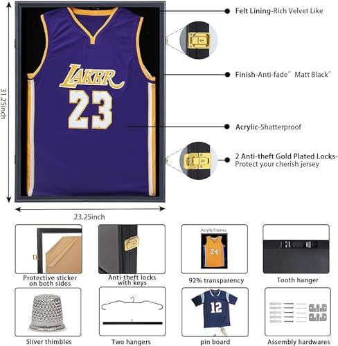Large Jersey Frame Display Case, 26x37 Lockable Shadow Box Sports Jersey Frame with 98% UV Protection Acrylic and Metal Hanger for Baseball Basketball Football Soccer Hockey XXL Shirt, Linen Black