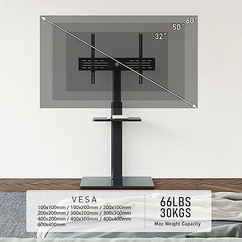 FITUEYES Universal TV Stand for 32 39 40 43 49 50 55 60 Inch TVs, TV Floor Stand with Swivel Mount, Max Holds 66lbs, Black Glass Base, Height Adjustable, Perfect for Corner & Bedroom…