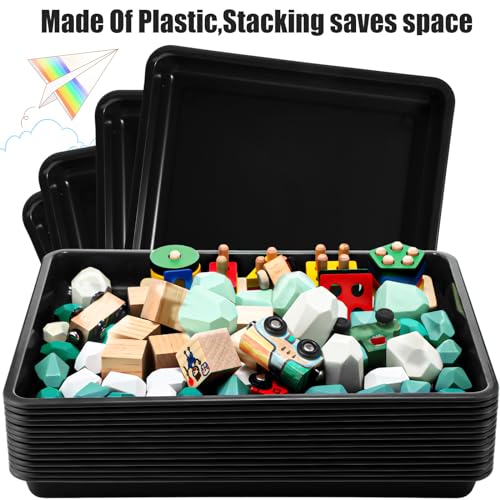Maitys 15 Pcs Flat Plastic Trays 16.1 x 11.8'' Sensory Storage Tray Paper Stackable Classroom Bins for Office Home Organizer Arts and Crafts Supplies(Black)