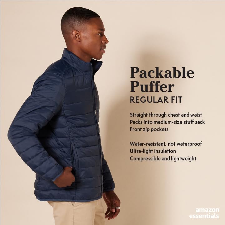 Amazon Essentials Men's Packable Lightweight Water-Resistant Puffer Jacket (Available in Big & Tall), Black, 5X-Large Big