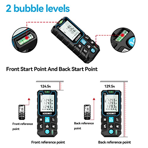 Laser Measurement Tool, ACEGMET 393 Ft Laser Tape Measure ±1/16-inch Accuracy, M/in/Ft Unit Switching Backlit LCD with Mute Button Laser Measure, Pythagorean Mode, Area and Volume Digital Tape Measure