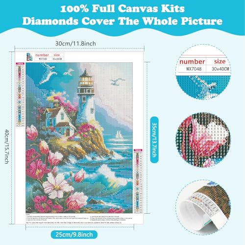 SENQAO Lighthouse Diamond Painting Kits for Adults, DIY 5D Diamond Art Paint with Round Diamonds Full Drill Seaside Gem Art Painting Kit for Home Wall Decor 30×40cm