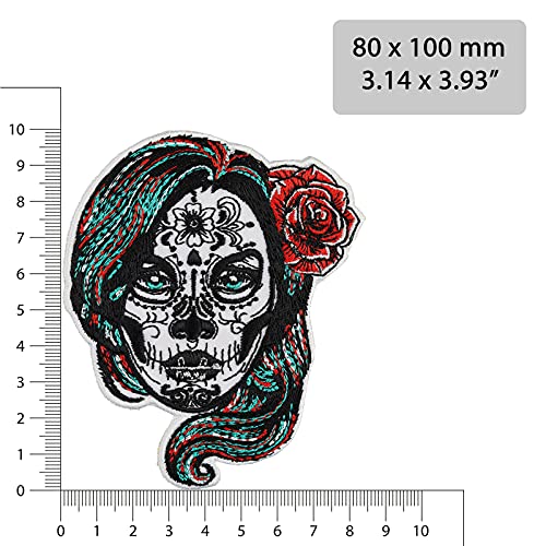 MEXICAN SKULL Sew on patch - La Calavera Catrina Iron on Patches for Mexicans, Bikers, Rockers - dia de los muertos Tattoo Embroidery Patch for Jackets, Jeans, Backpacks, Hats - 2.16x3.54 in