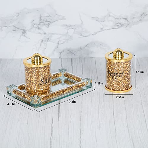 Crushed Diamond Pepper Salt Shakers Storage Container Pots Jars Set with Mirror Tray 3PCS Kitchen Canisters for Home Decor (Gold)