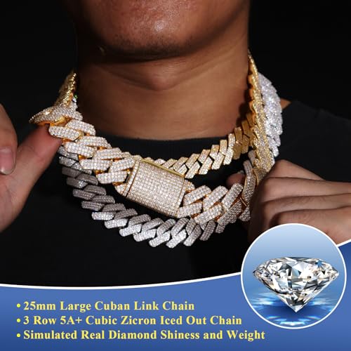 Ucciyo 25MM Cuban Link Chain for Men Thick Iced Out Chain 18K Gold Plated 5A+ Zicron Cuban Necklace Gold Iced Out Diamond Miami Cuban Necklace Bling Luxury Jewelry 18inch