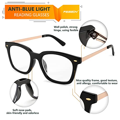 FEISEDY Reading Glasses, Blue Light Blocking, Square Oversized Glasses for Women and Men, B4096(Black, 1.50x)