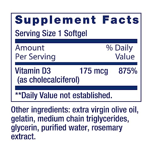 Life Extension Vitamin D3 175 mcg (7000 IU), immune system support, bone health, brain performance, gluten-free, non-GMO, once daily, two-month supply, 60 softgels