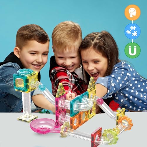 PicassoTiles Magnet Tiles Building Block Travel Size Magnetic Marble Run Construction Toy Set Mini Diamond Marble Racetrack Building Blocks Playset Education STEM Learning Kit Boy Girl 3+ PTMG45
