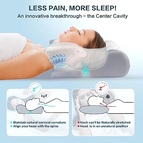 Hexus Cervical Pillow for Neck Pain Relief, Ergonomic Hollow Design, Odorless Memory Foam Pillow for Sleeping, Orthopedic Contour Neck Support Pillows for Side, Back, and Stomach Sleepers, Gray