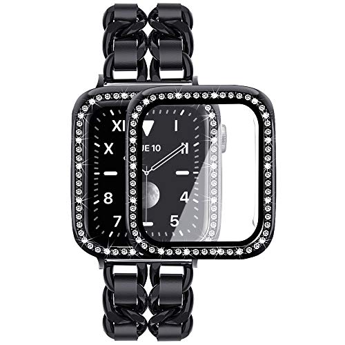 Mosonio Compatible for Apple Watch Band 38mm with Screen Protectors Case Women, Jewelry Bracelet Metal Bands with 2-Pack Bling Case Cover for 38mm iWatch Series 3 2 1(Black Link with Black Leather)