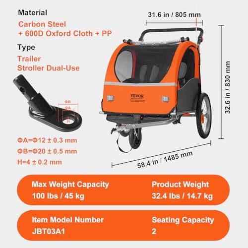 VEVOR Bike Trailer for Toddlers, Kids, Double Seat, 100 lbs Load, 2-in-1 Canopy Carrier Converts to Stroller, Tow Behind Foldable Child Bicycle Trailer with Universal Bicycle Coupler, Orange and Gray