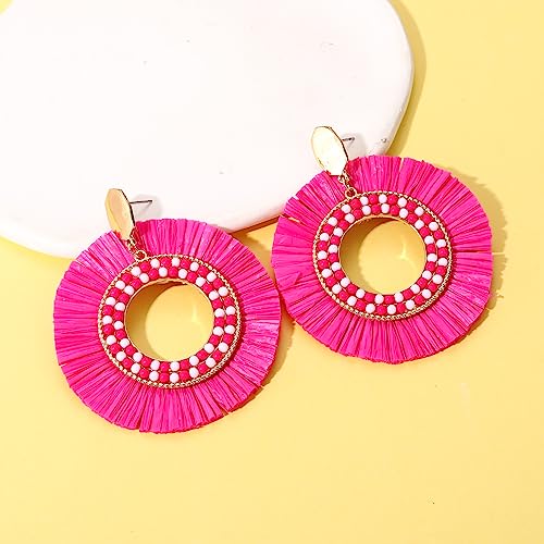 Raffia Round Dangle Earrings Handmade Beaded Raffia Dangle Earrings Boho Summer Beach Dangling Earrings Trendy Statement Geometric Earrings Jewlery for Women (hot pink raffia round earrings)