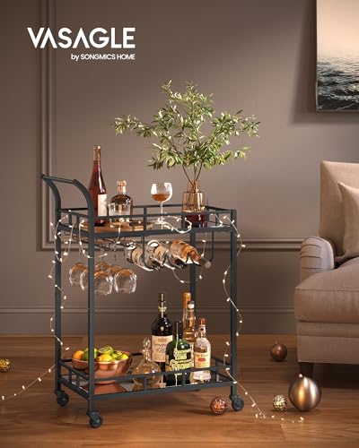 VASAGLE Bar Cart Black, Home Bar Serving Cart, Wine Cart with 2 Mirrored Shelves, Wine Holders, Glass Holders, for Kitchen, Dining Room, Black ULRC092B62