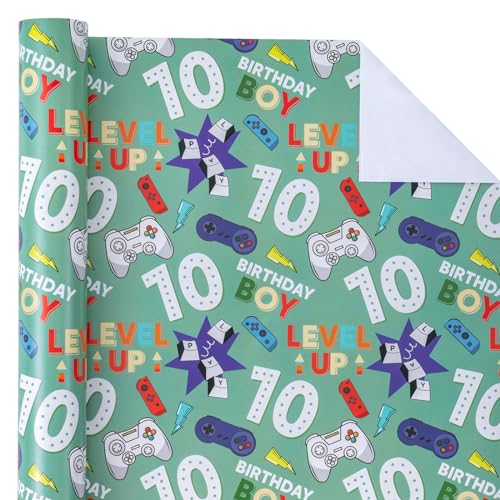 WRAPAHOLIC 10th Birthday Wrapping Paper - Mini Roll - 17 Inch X 33 Feet - Gaming Boys Birthday Design for Party, Holiday