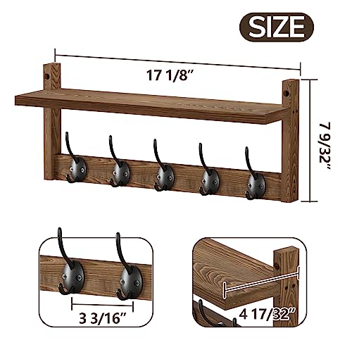 AMBIRD Wall Hooks with Shelf | Entryway Hanging Wood Coat Hooks | Wall-Mounted Rack with 5 Dual Hooks | Bathroom, Living Room, Bedroom (Modern).