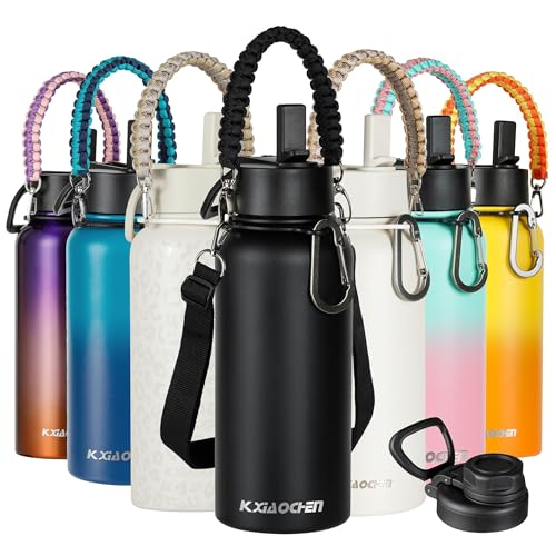 KXIAOCHEN 24 oz insulated Water Bottle with Paracord Handles & Strap, 2 Lids(Straw Lid&Spout Lid), Stainless Steel Reusable Wide Mouth Metal Water Bottle With Straw, Double Walled(Black)