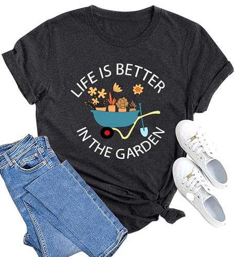 MAIHUN Garden Shirts for Women Plant Lover T-Shirt Life is Better in The Garden Letter Print Tee Gardener Gift Tops Green