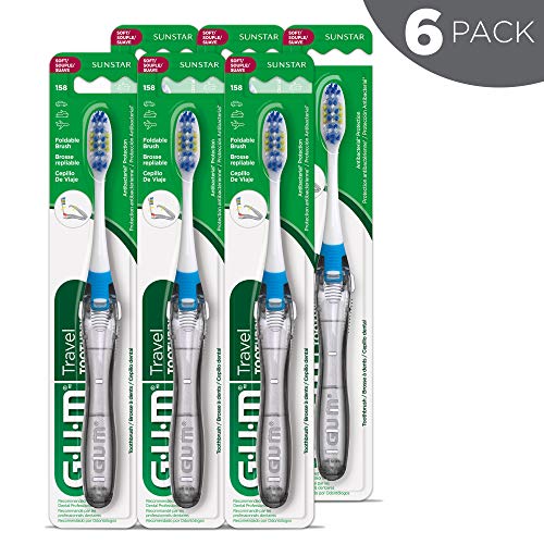 GUM Folding Travel Toothbrush - Compact Head + Tongue Cleaner - Soft Bristled Travel Toothbrushes for Adults 1ct (6pk)