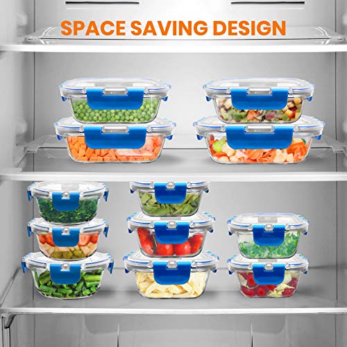 24-Piece Glass Food Storage Containers - Stackable Superior Glass Meal-prep Containers w/ Newly Innovated Hinged BPA-Free 100% Leakproof Locking Lids - Freezer-to-Oven-Safe - NutriChef NCGLBU (Blue)