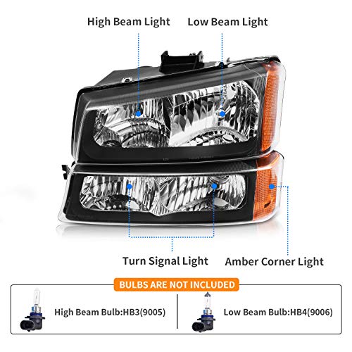 DWVO Headlights Assembly Compatible with 2003 2004 2005 2006 Chevy Silverado Avalanche 1500 1500HD 2500 2500HD 3500 Headlamp 2007 Silverado 1500 2500 3500 Black Housing with Front Signal Lights