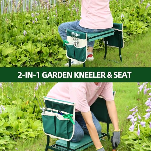 Ohuhu Garden Kneeler and Seat Heavy Duty, Upgraded Gardening Stool with Thicker and Wider EVA Foam Kneeling Pad Foldable Garden Bench with 2 Large Tools Pouches, Ideal Gardening Gifts for Women Men