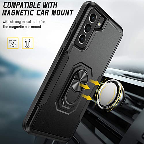 Oterkin for Samsung Galaxy S21 FE Case, Heavy Duty Military Grade Shockproof Case with Kickstand & Tempered Glass Screen Protector, Supports Magnetic Car Mount (Black)