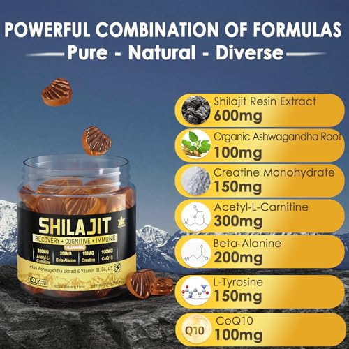 1Pack 18,000mg Shilajit Supplement Gummies for Men & Women with Ashwagandha, CoQ10 I Sugar Free I Pure Himalayan Organic, L-Tyrosine, Beta-Alanine, B1 B6 for Muscle, Energy, Performance,Brain Function