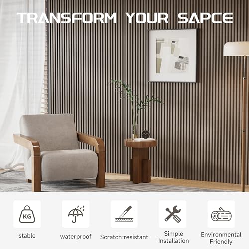POHARE WPC Slat Wall Panels, 8 Pack Accent Slat Wood Slats for Wall and Ceilings, Acoustic Panels for Interior Wall Modern Décor, Black Brown, 95 x 6 in