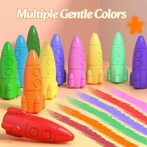 JUPITEARTH 12 Rocket Crayons, Non Toxic Washable Toddler Crayons, Rocket Crayons with Easy-to-hold for Toddlers, Crayons for Kids Art&School Supplies,Toddlers