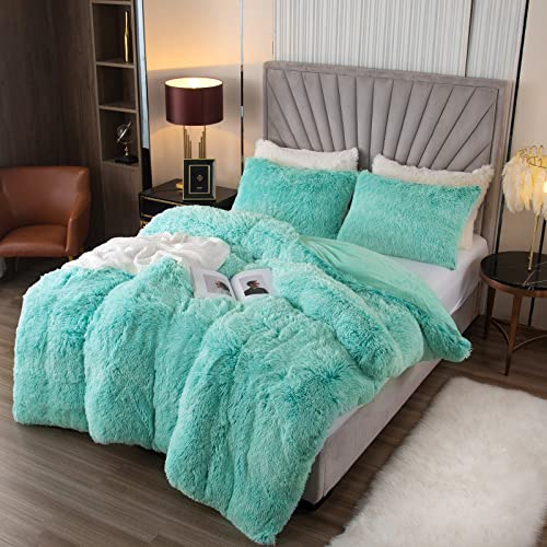 EMME Luxury Fuzzy Duvet Cover Set Twin Size Fluffy Comforter Cover Set for Twin Bed Shaggy and Plush Soft Bedding Duvet Covers (Aqua, Twin)