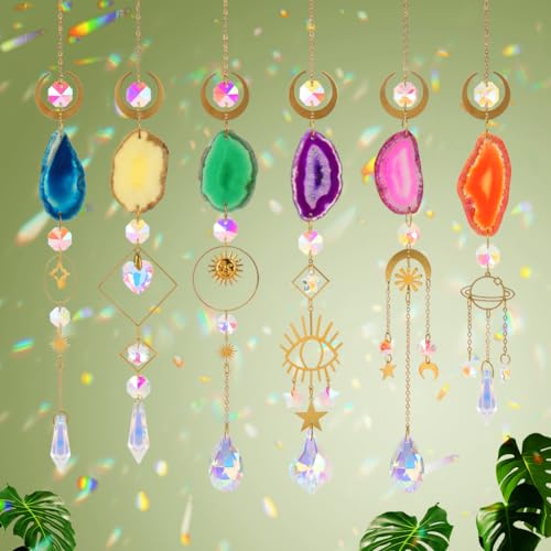 6Pieces Colorful Crystals Suncatcher Hanging for Window Crystal Ball Prism Rainbow Maker Pendants for Garden Christmas Tree Wedding Party Patio Backyard Car Home Indoor Outdoor Decoration