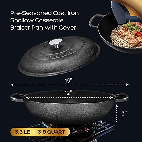 Bruntmor 3.8 Quart Enamel Cast Iron Dutch Oven With Handles And Lid, 3.8 Qt Black Cast Iron Skillet, Enamel Shallow Cookware Braising Pan For Casserole Dish, Crock Pot Covered With Cast Iron- Black