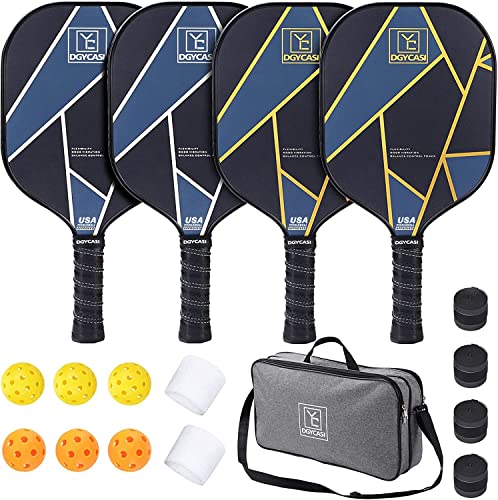 YC DGYCASI Graphite Pickleball Paddles Set of 4, 2024 USAPA Approved, Carbon Fiber Surface (CHS), Polypropylene Lightweight Honeycomb Core, 3 Indoor 3 Outdoor Pickleball, 4 Replacement Soft Grip + Bag