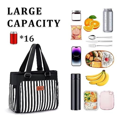 Large Women Lunch Bags/Insulated Adult Lunch Box/Leakproof Cooler Lunch Tote Bag with Storage Pocket. Reusable Lunch Purse for Work Picnic Hiking 12L, Stripe