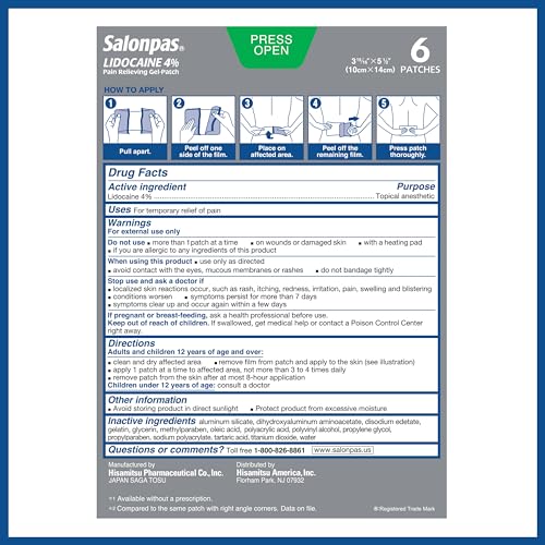 Salonpas Gel-Patch, for Back, Neck, Shoulder, Knee Pain and Muscle Soreness, 6 count