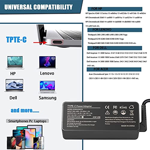 45W USB-C Laptop Charger for Chromebook Hp Dell Acer Asus Lenovo Samsung Laptop USB-C Adapter Power Cable More Device Type C Fast Charging